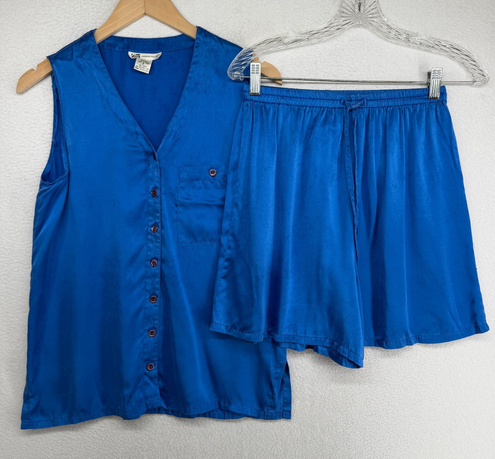 MORGAN TAYLOR Pajama Set P Silk Satin Sleeveless Button Up Top and Short PJ Blue